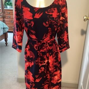 Merona Navy Dress with Red Floral Print and Tie Waist